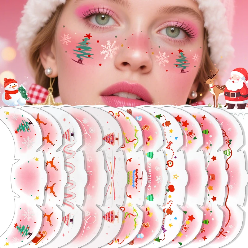 14pcs Pink Christmas Face Tattoo Stickers Snowflakes Deer Stars Heart Freckles Temporary Tattoo Stickers for Festival Party