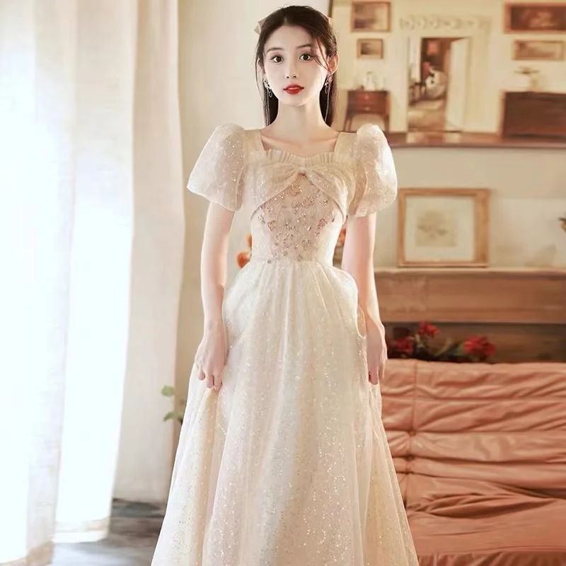 

Elegant Champagne Evening Dresses Pleated Square Collar Classic A-Line Short Sleeves Floor-Length Tulle Lady Formal Party Gowns