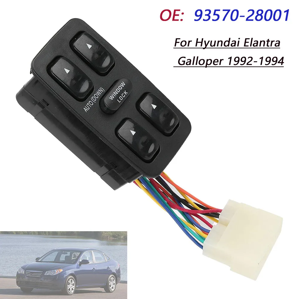 

Для Hyundai Elantra Galloper 1992, 1993, 1994 годов выпуска, 1.6, 1.8 л, 4-цилиндровый, передний левый (со стороны водителя) электрический главный переключатель стеклоподъемника 93570-28001