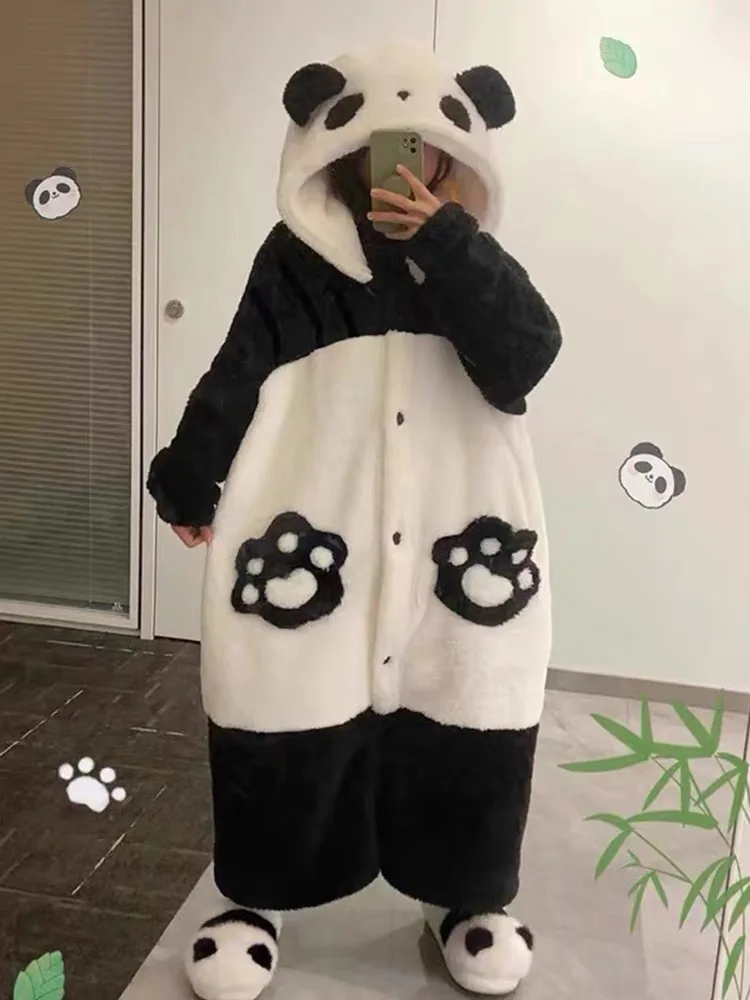 Cute Cartoon Sleepwear Women Flannel Robe Panda Bat Dinosaur Cosplay Kimono Bathrobe Soft Nightgown Loose Nightwear Home Clothes