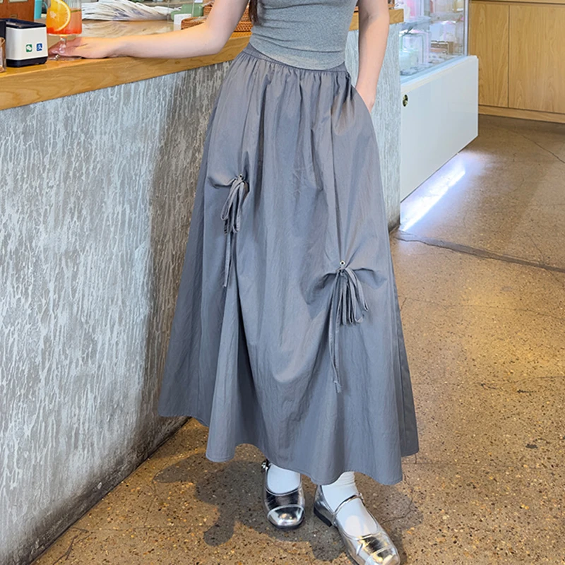 Korean Bowknot A Line Cargo Skirt Women Summer 2025 Elastic Waist Oversized Long Skirts Woman Streetwear Y2K Midi Skirt Female
