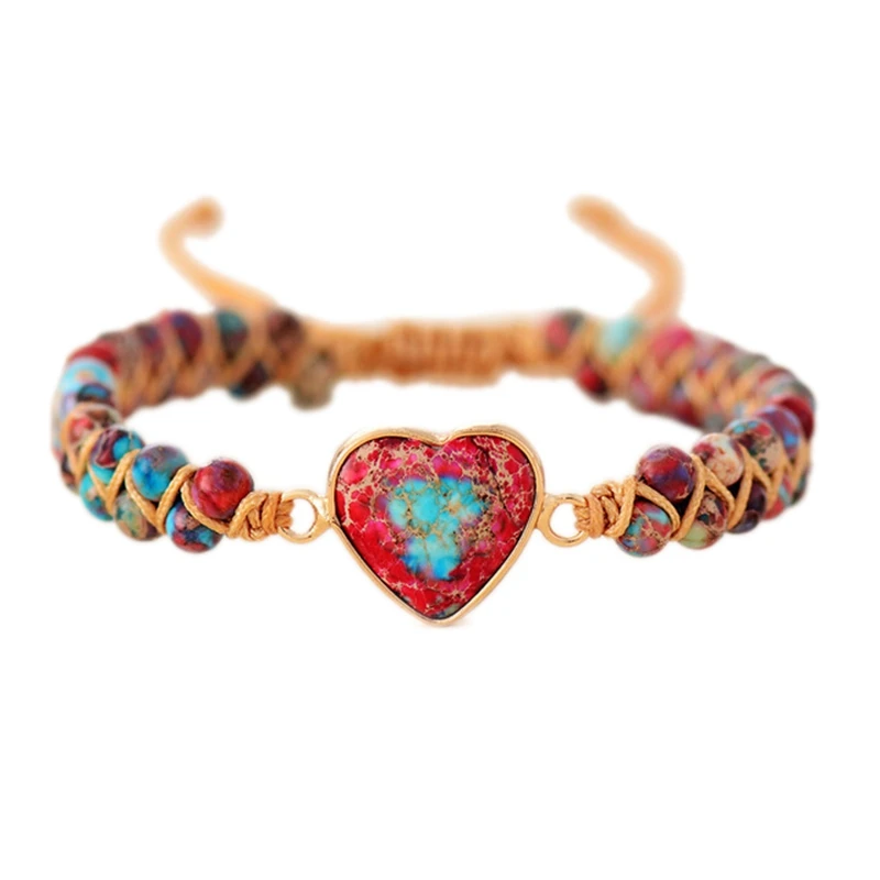 Natural Stone Heart Charm Bracelets String Braided Macrame Bracelets Friendship Wrap Bracelet Women Jewelry Red