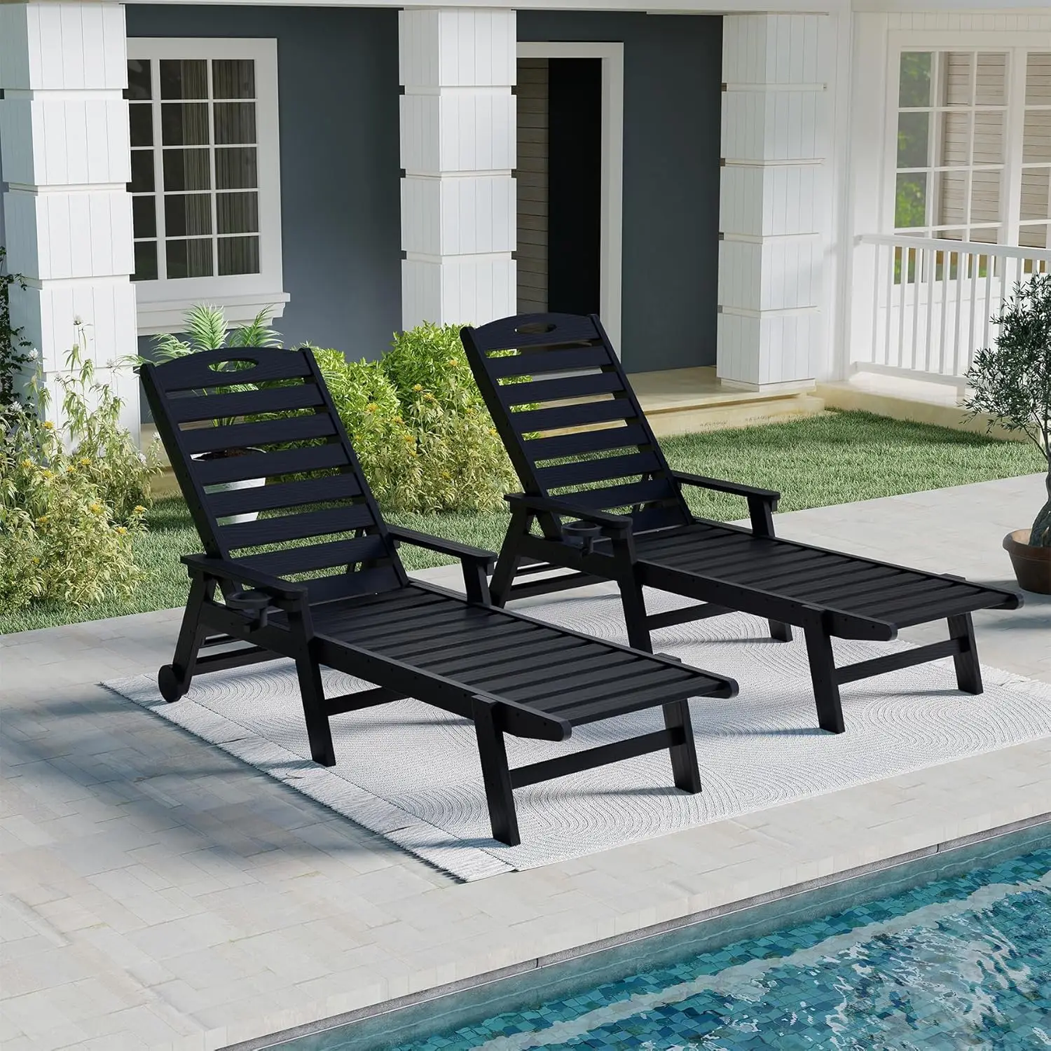 Outdoor lounge chair 2-piece set, HDPE pool lounge chair, suitable for poolside, terrace, sunbathing, tanning, black