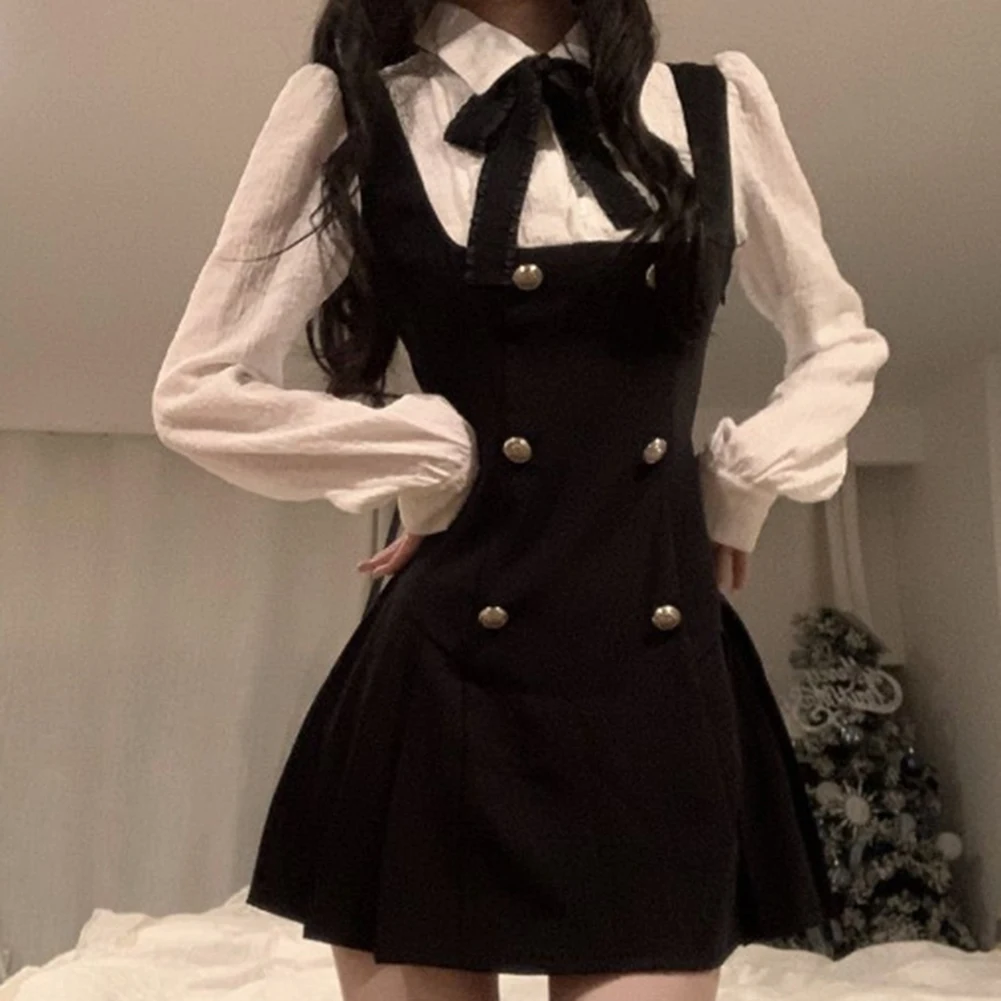 

Women Autumn Preppy Style Sweet Bow Fake 2PCS Waist-fitted Pleated A-line Dress Female Fashion Causal Dresses