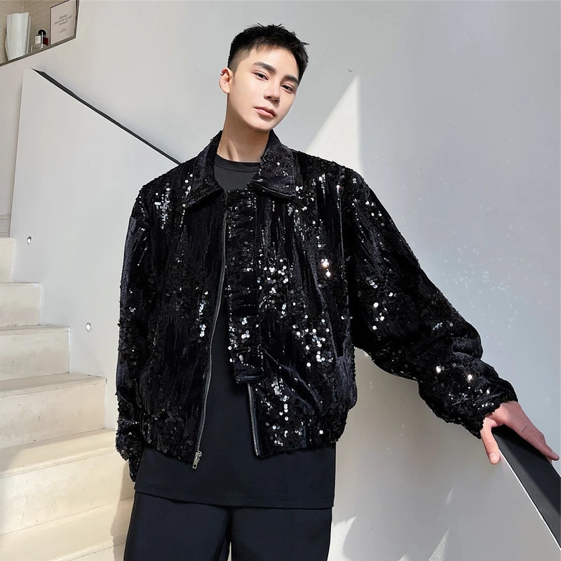 Autumn Sequin Decorative Jacket for Men Short Casual Social Streetwear Lapel Bomber Jacket Men Loose Stage Performance Costumes