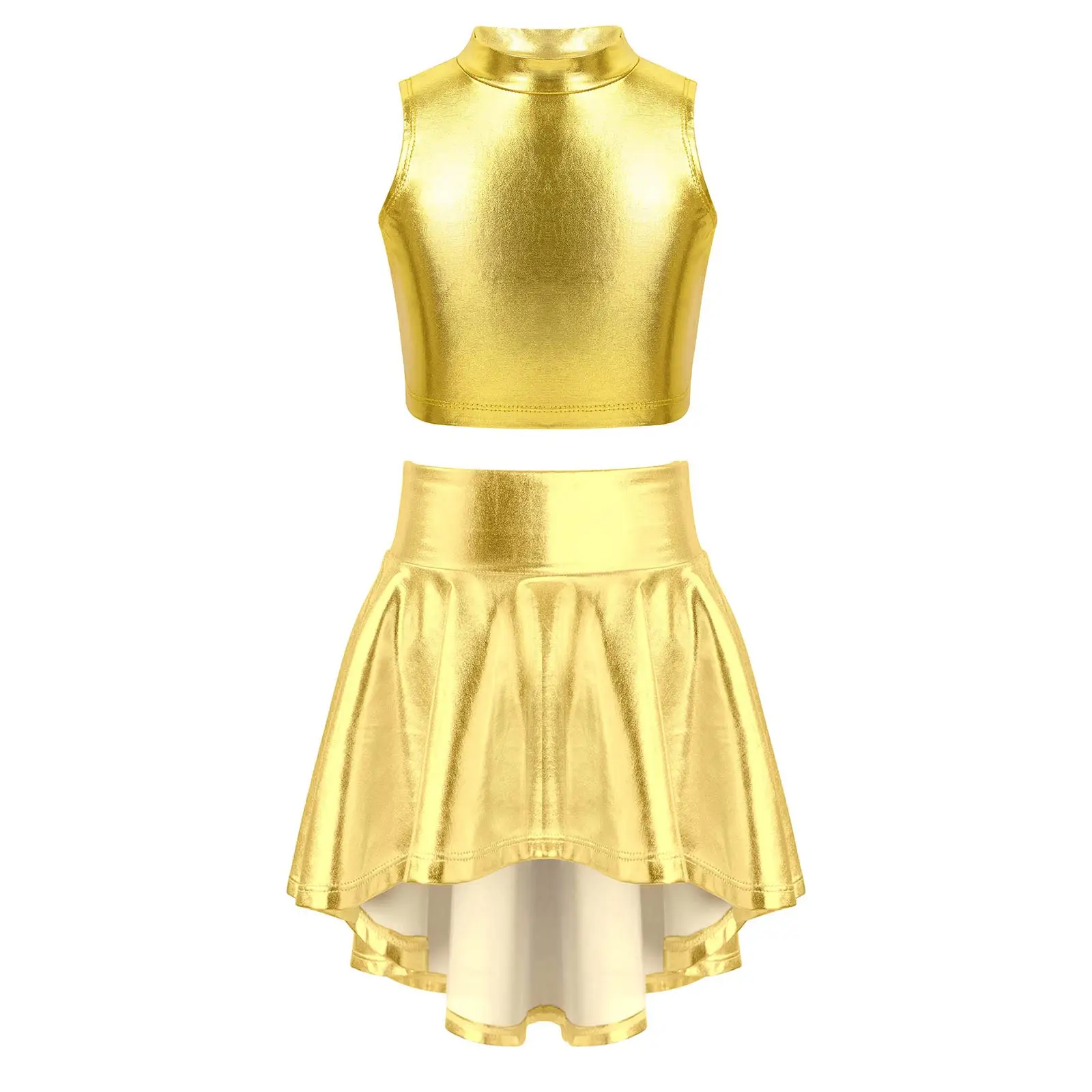 Kids Girls Metallic Sleeveless Turtleneck Crop Top with Irregular Hem Skirt for Dance Stage Performance