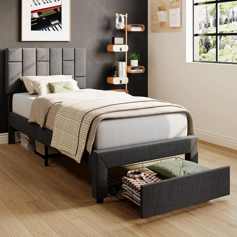 Twin XL Bed Frame with Under-Bed Drawer, Platform Upholstered Bed with Headboard, No Box Spring Needed/Noise-Free, Grey