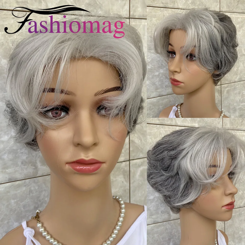 

Fashiomag Short Fluffy Curly Layered Salt and Pepper Hair Synthetic Wigs For Women Grandma Daily Use