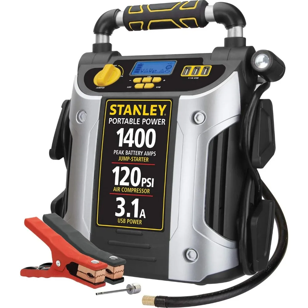 

Stanley J7C09D Digital Portable Power Station: 1400A Peak Amp Jump Starter, 120 PSI Air Compressor, 3.1A USB Charging Port