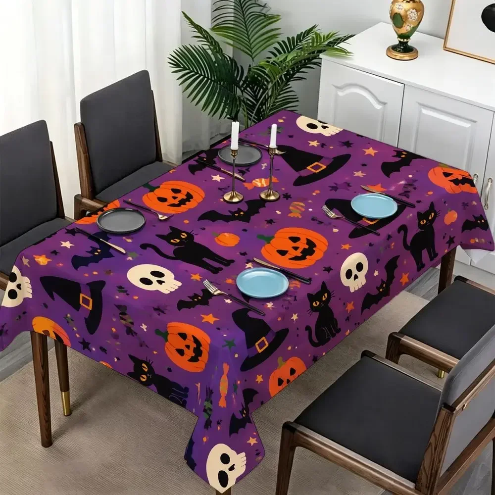Halloween rectangular tablecloth - Terrifying pumpkin lanterns, black cats, bats and witch hats patternzyc
