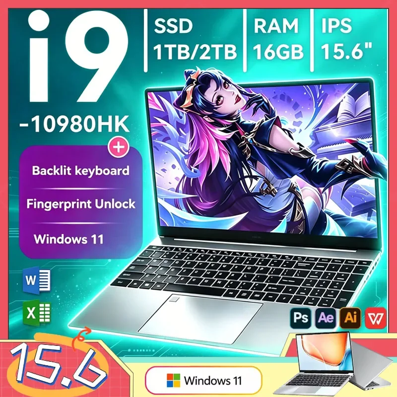15.6' Intel Core I9 10980HK Windows 11 Pro Laptop Computer 32GB RAM 512GB 1TB 2TB SSD Portable Notebook PC Office Study Laptops