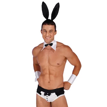 Mens Nightwear Tempting Sets Bowknot Briefs with Bunny Ears Headband Bowtie Collar And Cuffs Set for Lingerie Role Play Costume