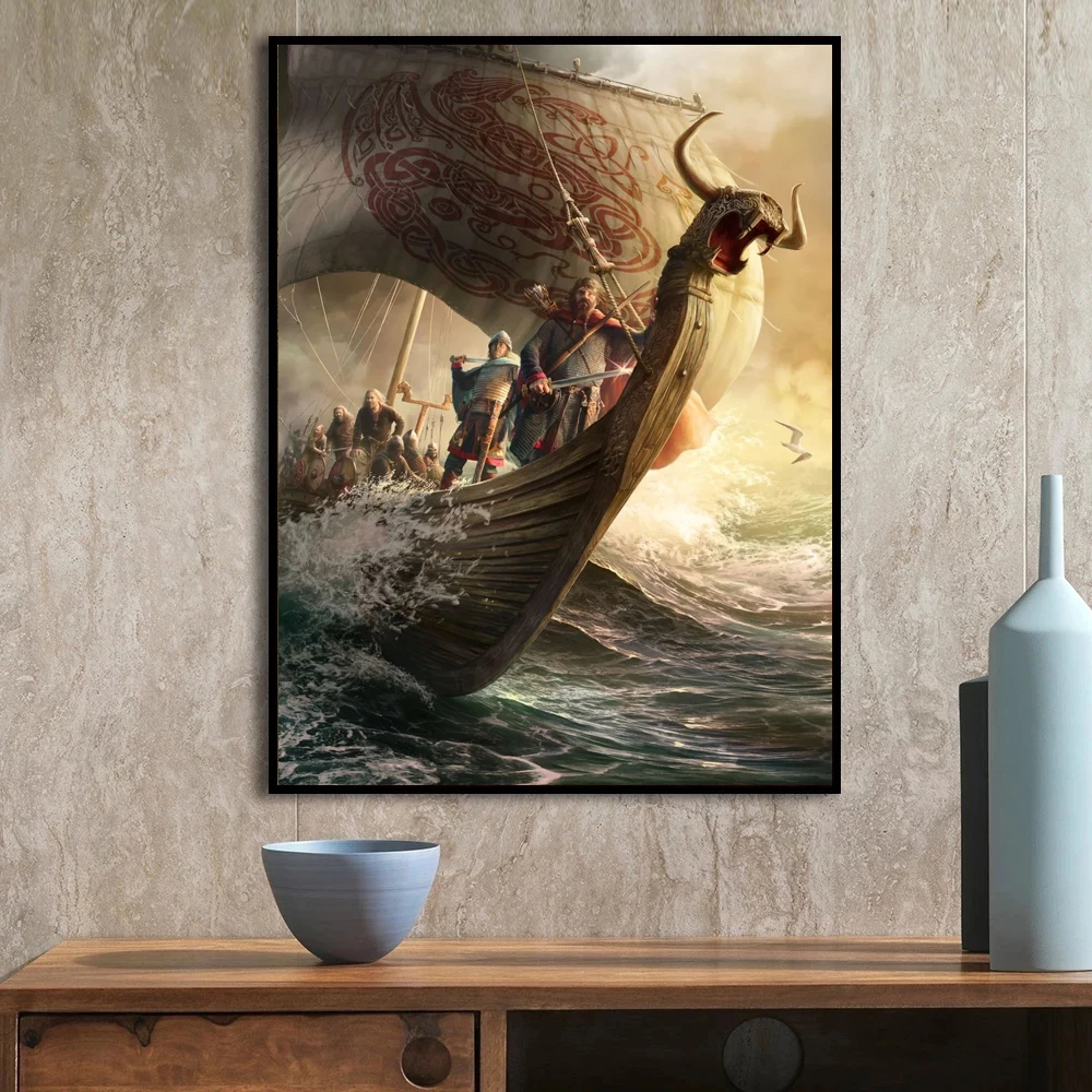 Vintage Viking Sailor Harbor Longboat in the Sea Wall Art Film Print Canvas Oil Painting Poster Home Decor For Living Room