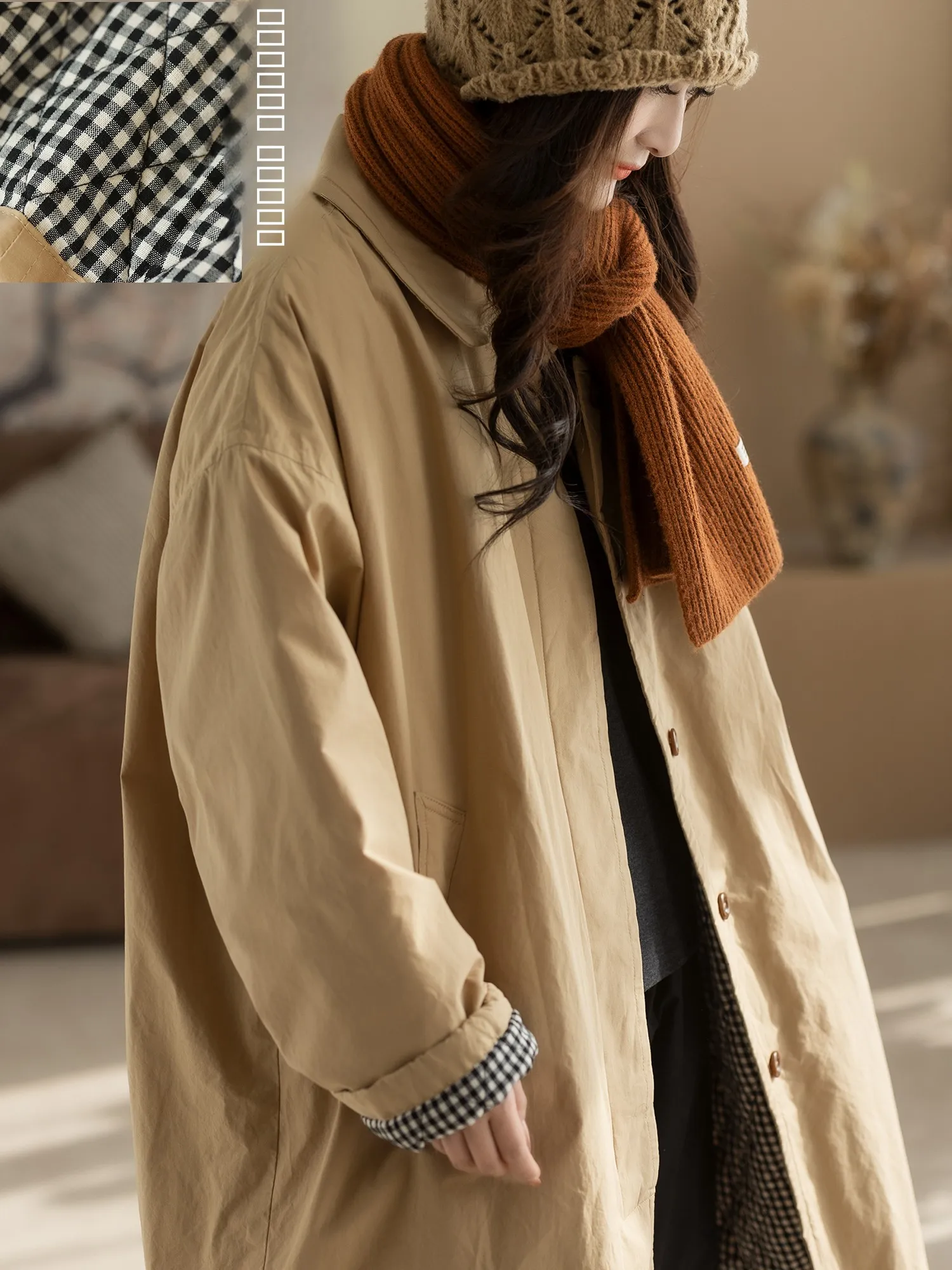 

Kyu Women's Cotton Jaet Woolen Loose Fit Mid-Length Winter Coat Thiened Korean Sle Commute Pure Cotton Coat