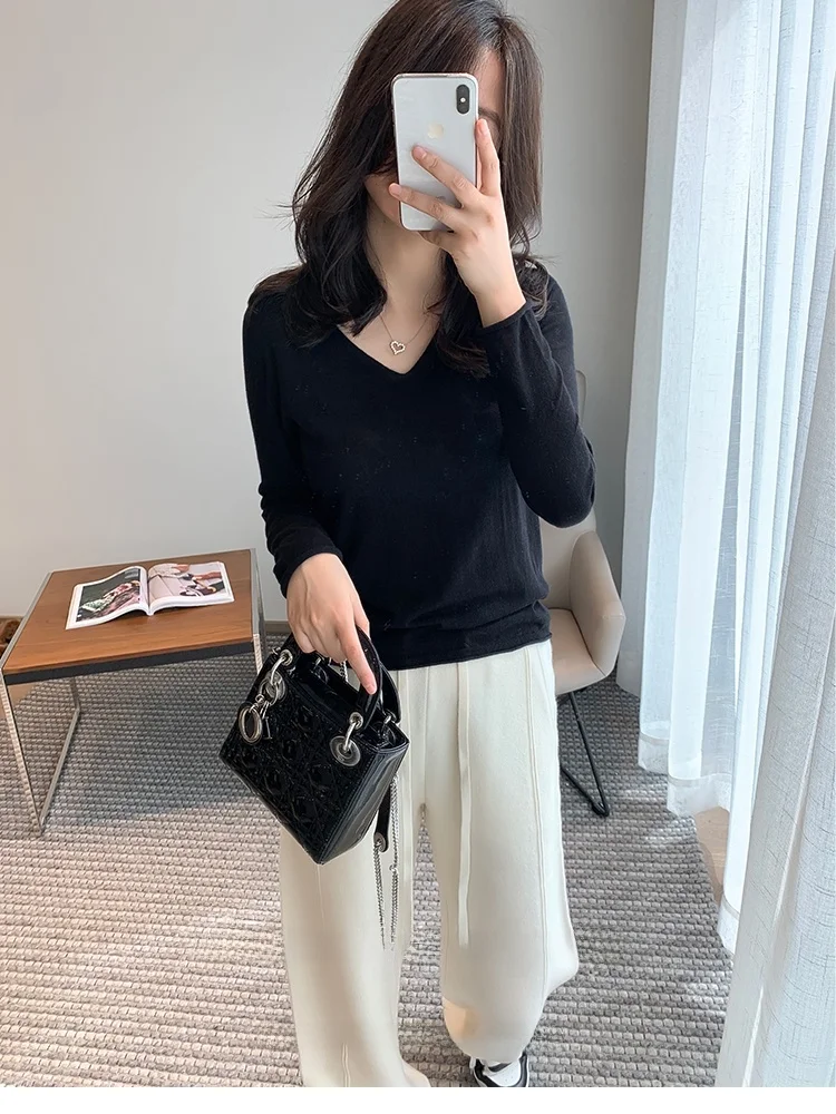 

Pure Camere V-Ne Pullover Sweater Women's Bla Base irt Simple Faion New Sle Street Sle Slim Fit Long Sve Winter