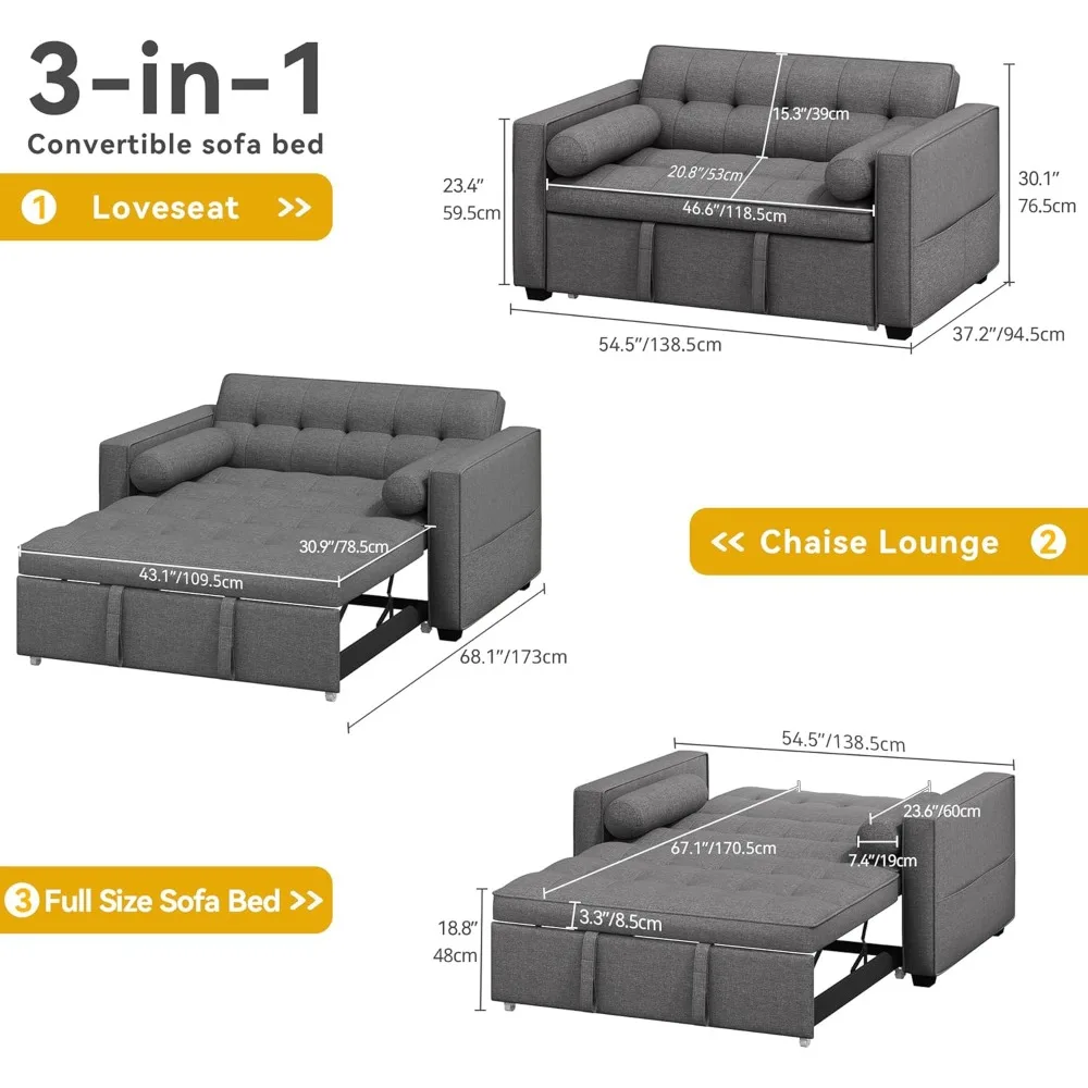 3-in-1 Convertible Sleeper Sofa Bed, Folding Futon Couch with Pullout Bed,5-Level Backrest,USB Ports,Storage Pockets,and Pillows