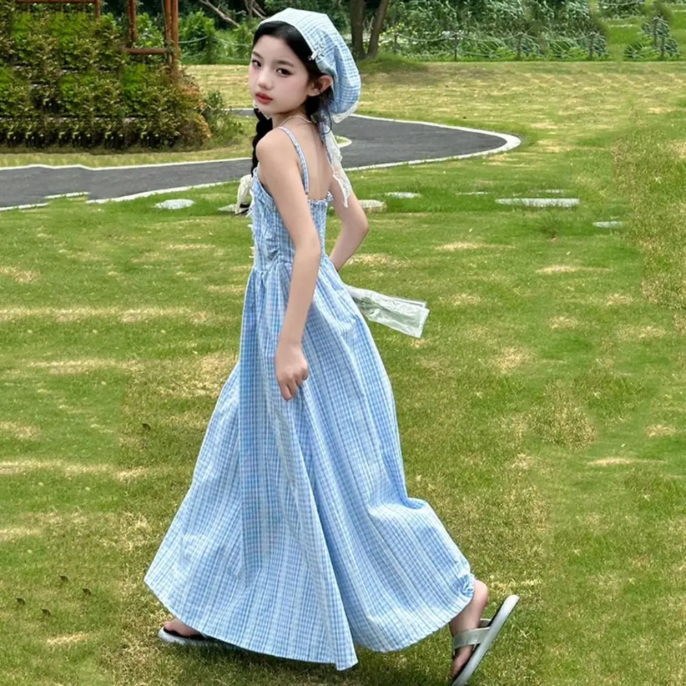 

Fashion Loose Girls Princess Grid Dress Party Beach Vacation Summer Dresses Teenagers Sweet Children Sling Dress Holiday