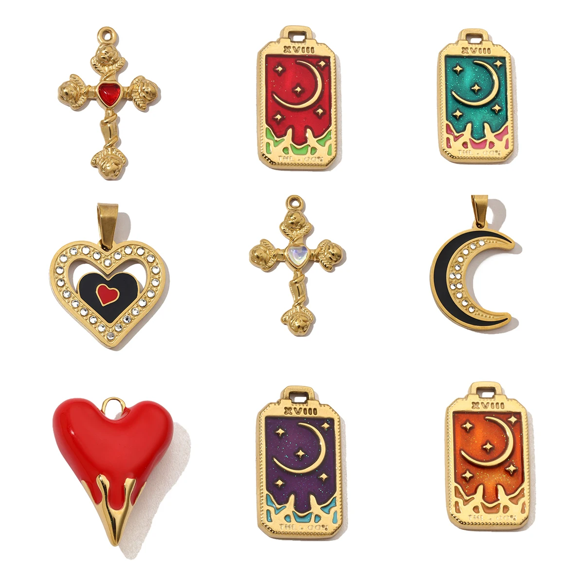 3Pcs/Lot Stainless Steel Love Heart Moon  Charms Enamel Pendants For DIY Making  Bracelet Necklace Jewelry Accessory Wholesale