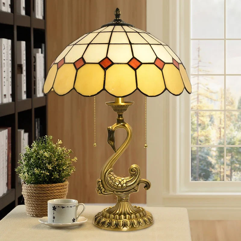 

American Retro Stained Glass Decorative Bedside Table Lamp Mediterranean Copper Swan Living Room Study Table Lamp