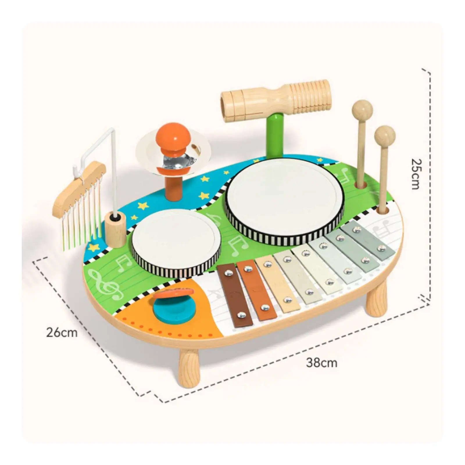 Childrens Activity Kit Wooden Percussion Frame Music Table with Multiple Instruments for Early Development Color Perception and