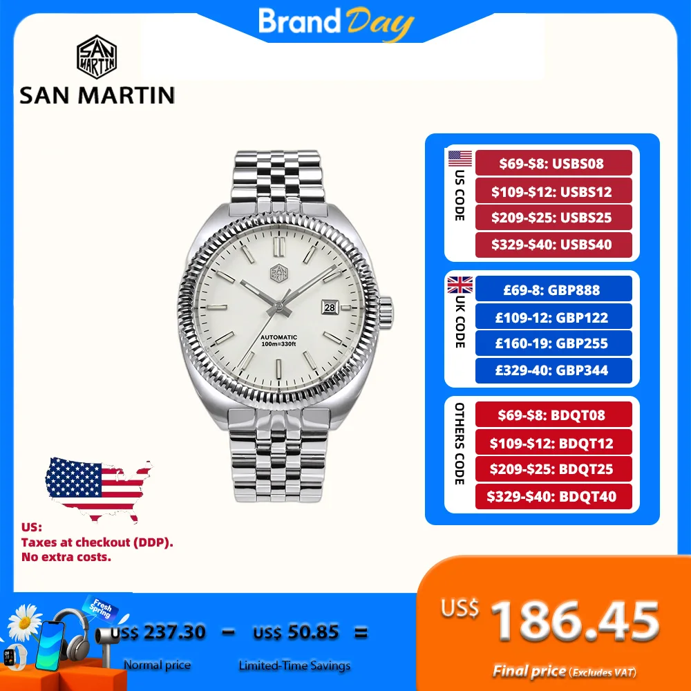 

San Martin Original 40mm Men Mechanical Watch Automatic Self Winding Wristwatch Date YN55 5-Link Bracelet Swim Montre SN0069
