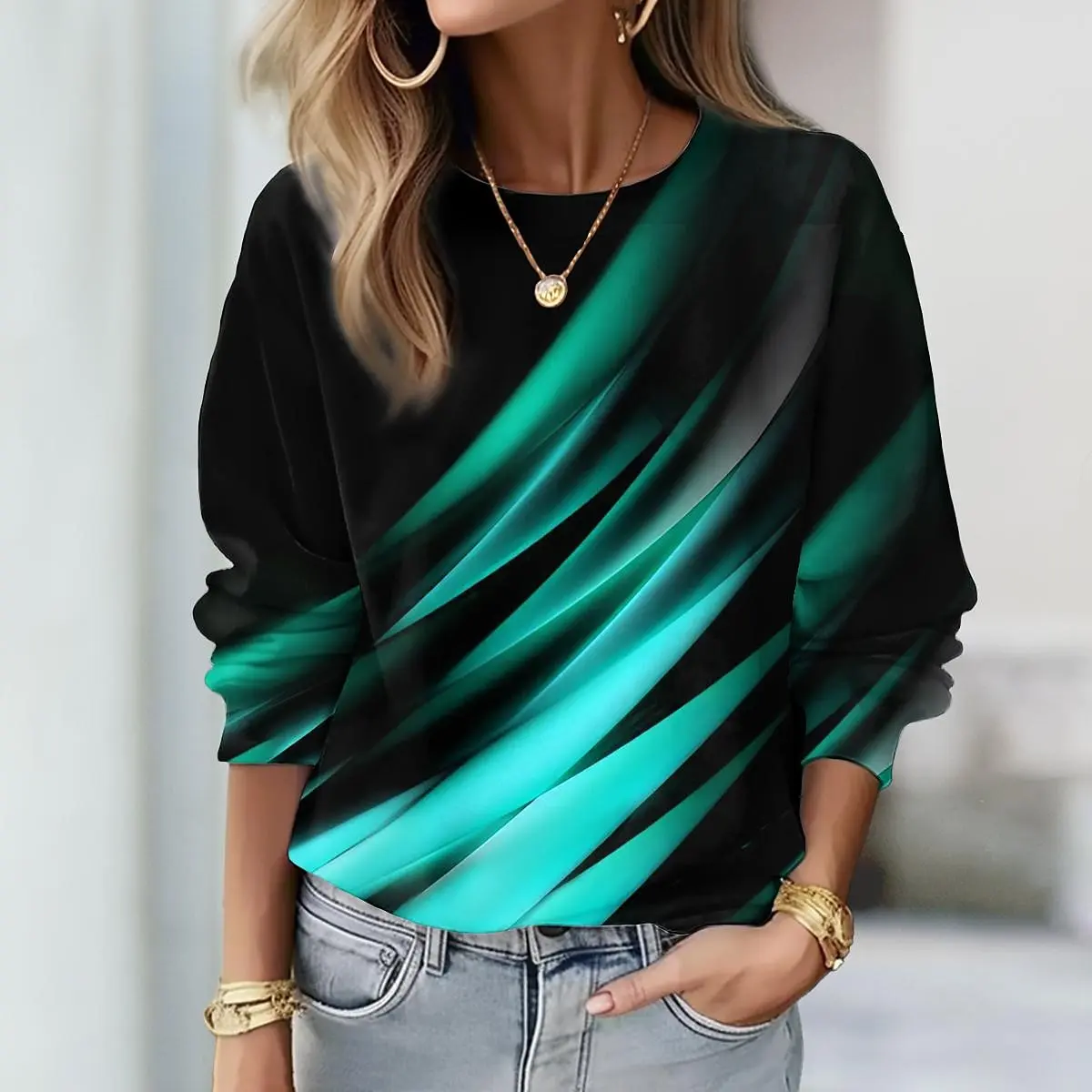 

Женские базовые толстовки с градиентной графикой и 3D принтом, топы с круглым вырезом и длинными рукавами, женская одежда, уличная одежда Y2K, осенний пуловер