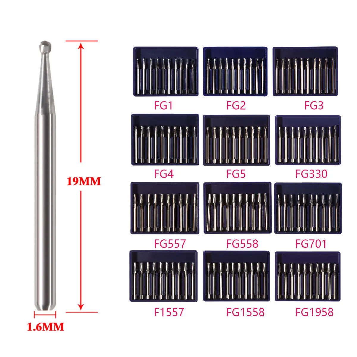 Fraises dentaires en carbure de tungstène FG, 12 types, rondes, pour pièce à main à grande vitesse