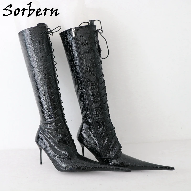 Sorbern 10Cm Cigarette Metal Heel Knee High Boots Women Pointy Toes Stilettos Lace Up Itay Style Plus Size Boot Custom Wide Fit