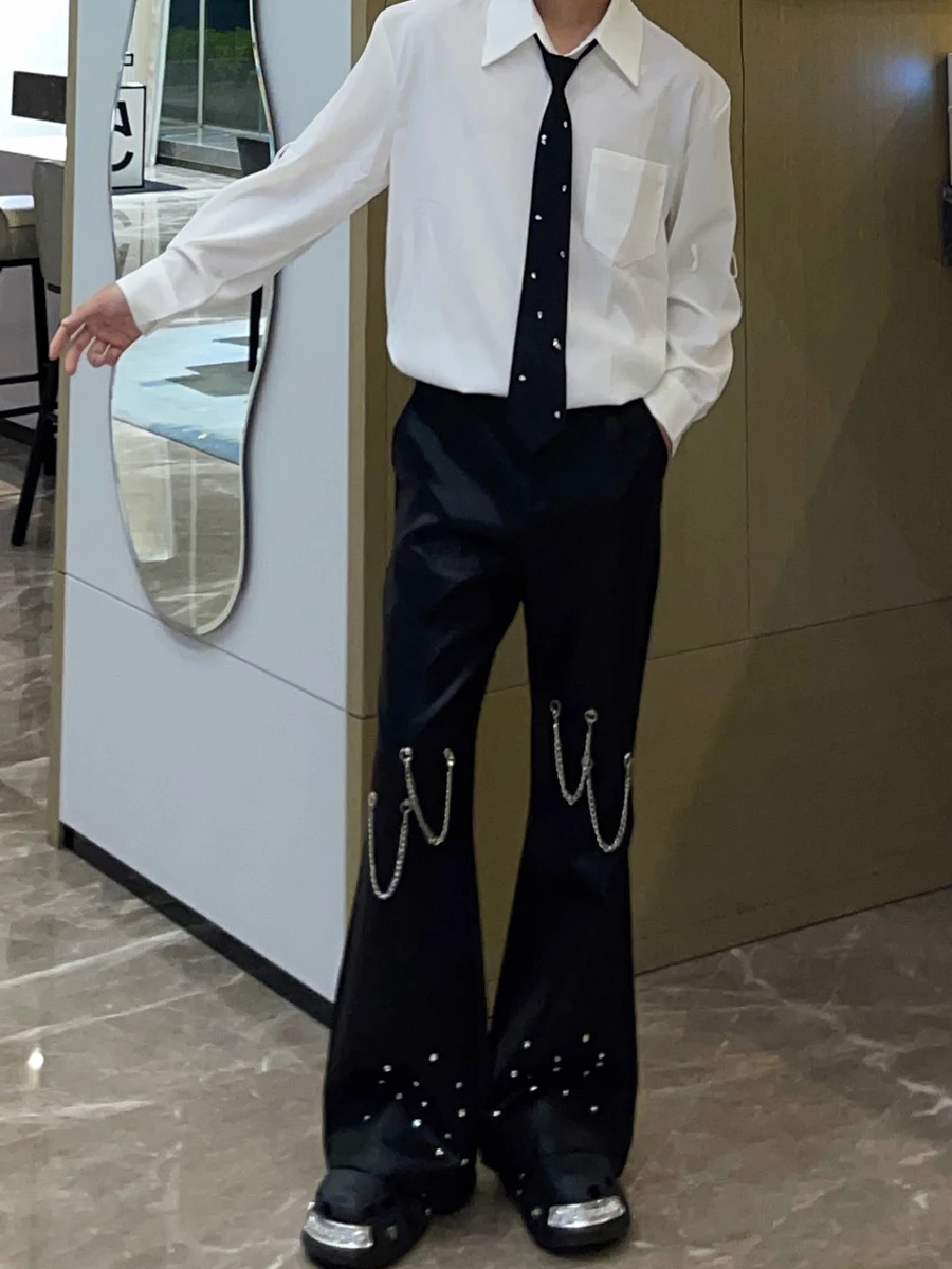 Korean Heavy Industry Rivet Chain Design Sense Black Trousers Men's Fashion Trend Loose  Rivet Chain High Street Casual Trousers