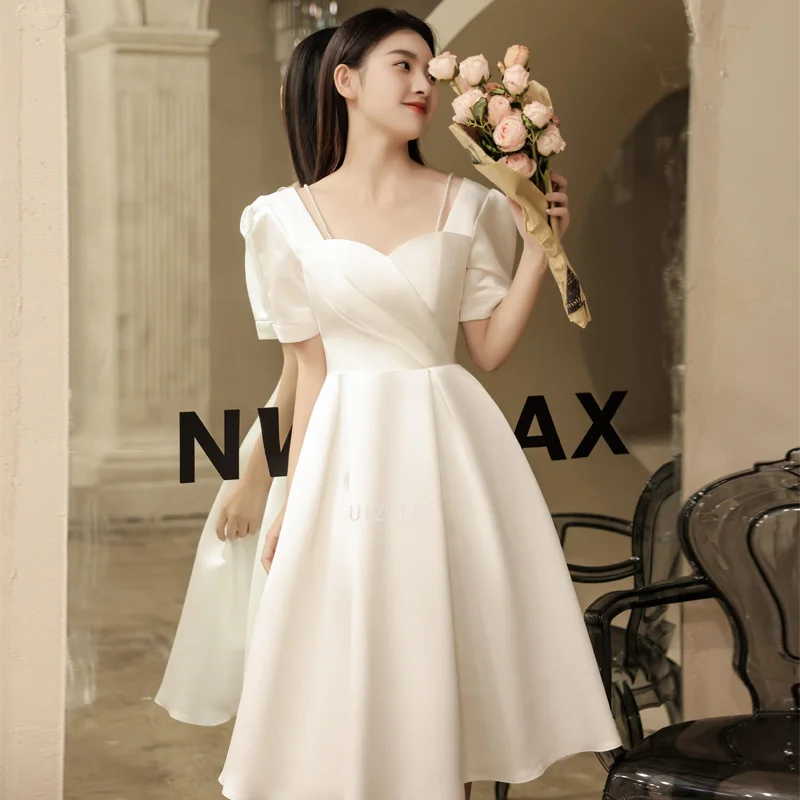 

White Dress Satin Engagement Elegant French Light Wedding Bridesmaids Usually Can Wear Cocktail Dresses for Women Customized