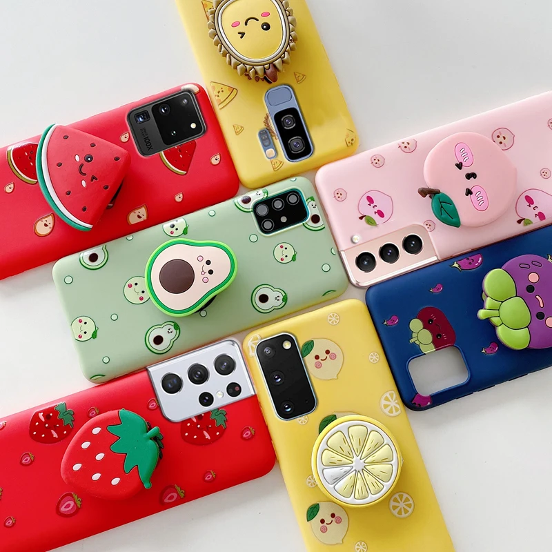 3D Silicone Fruit Phone Holder Case On For Samsung Galaxy S22 S21 S20 FE S 21 20 10 Plus Ultra S21FE S10 S9 S8 Plus Stand Cover