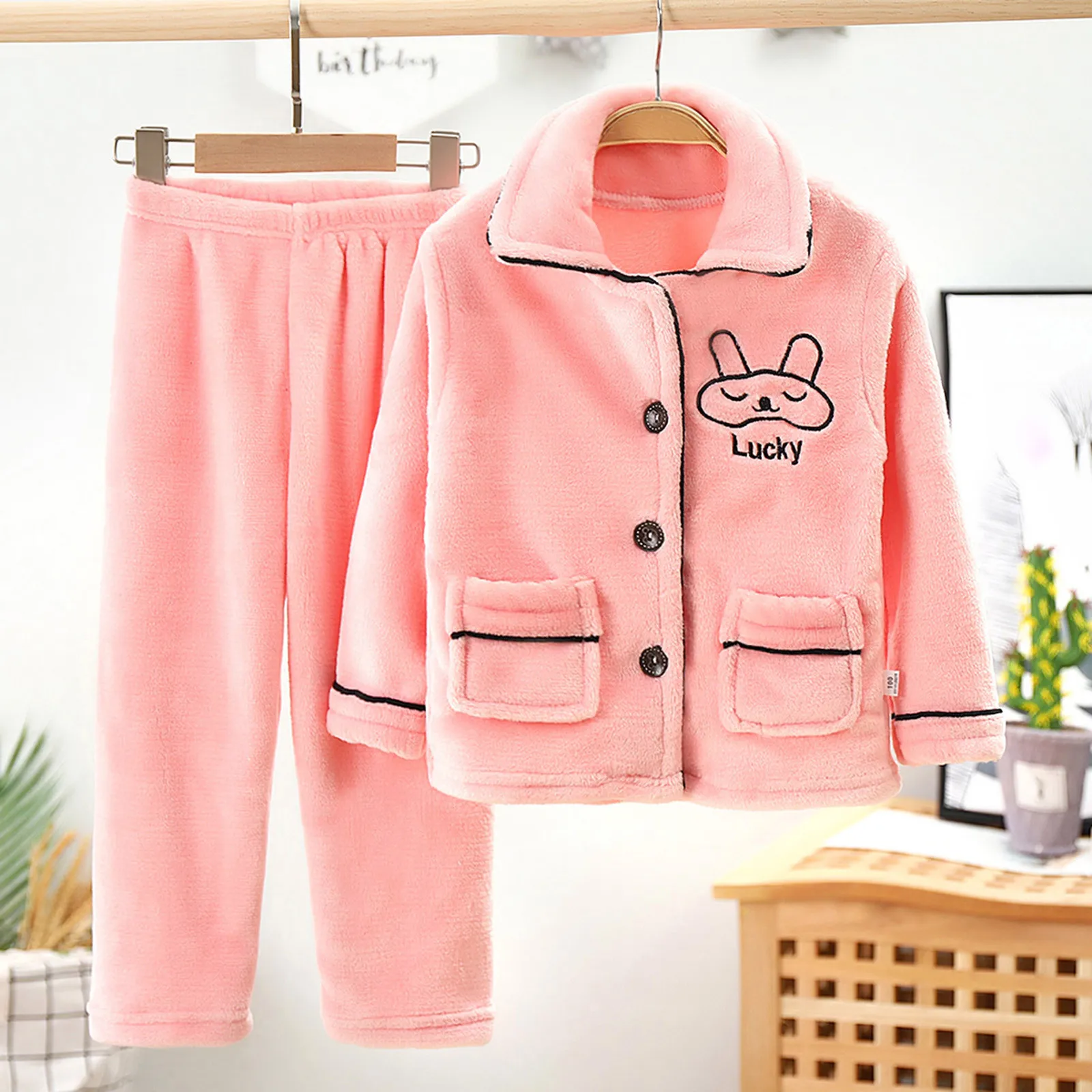 

Warm Coral Fleece Autumn Winter Pajamas Boys Girls Cartoon Printed Coats And Pants Outfits Set