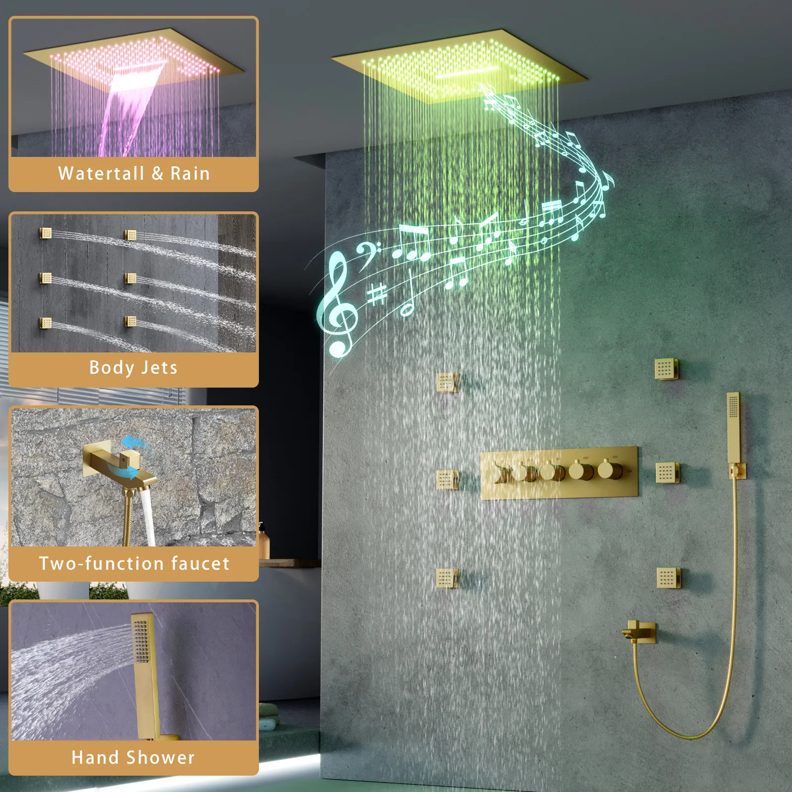 

Ceiling Embedded 400*400mm LED Shower Head Thermostatic Faucet with Integrated Music Speaker Brushed Gold Brass Shower Systems