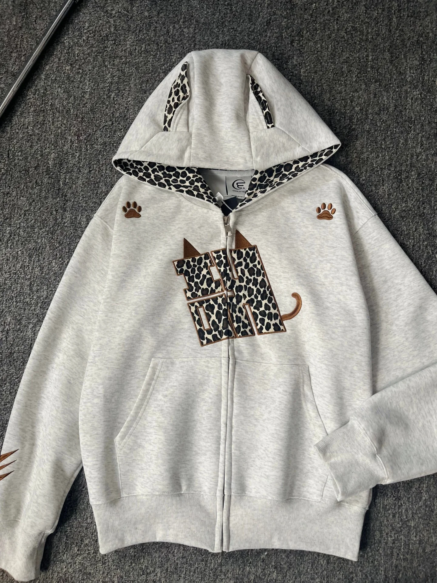 

Retro American Leopard Print Patchwork Embroidery Hoodie Women's Design Slim Fit Versatile Top Cardigan Korean Style Long Sleeve