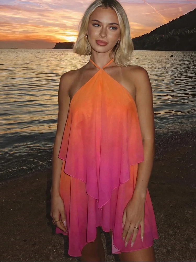Kliou Gradient Design Mini Dress Woman Summer Trend Halter Off Shoulder Backless Vacation Beach Party Ruched Elegant Bodycon
