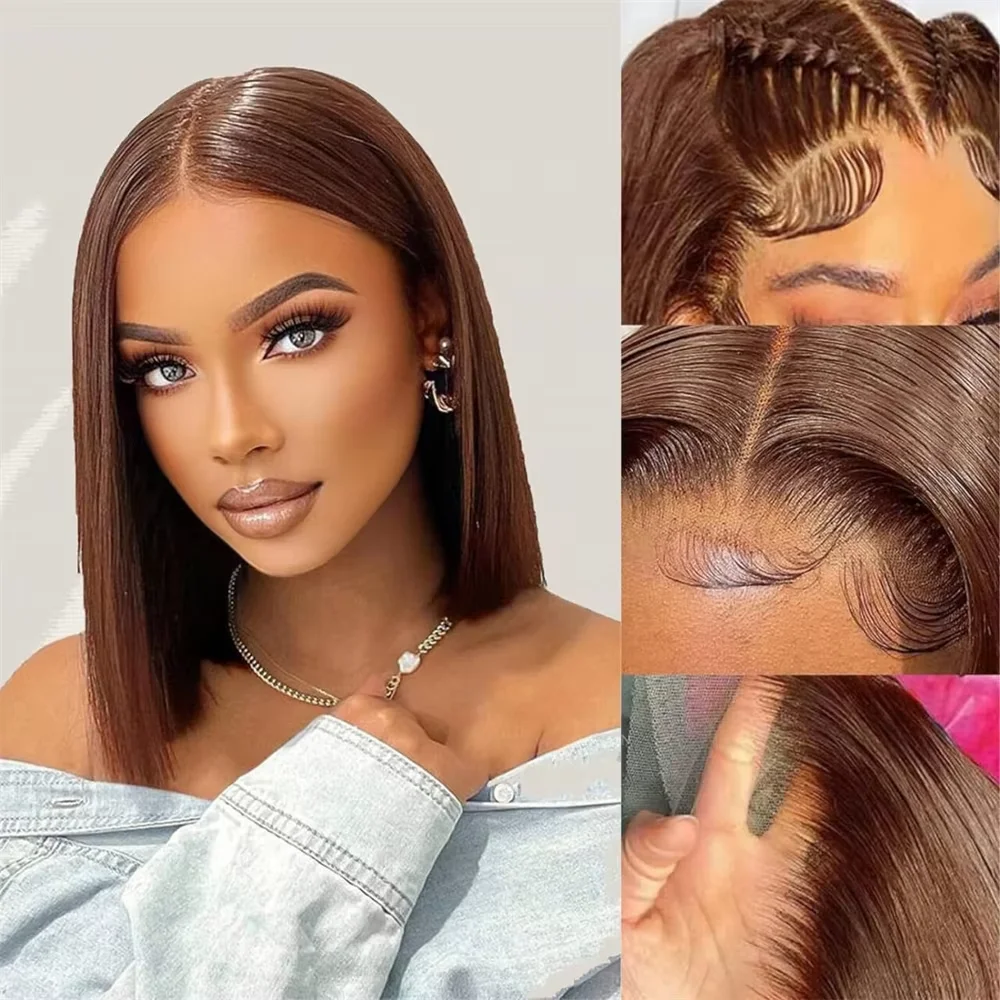 

Chocolate Brown Short Bob Bone Straight 13x4 HD Transparent Lace Front 220% Human Hair Wig Brazilian Lace Frontal Wigs For Women