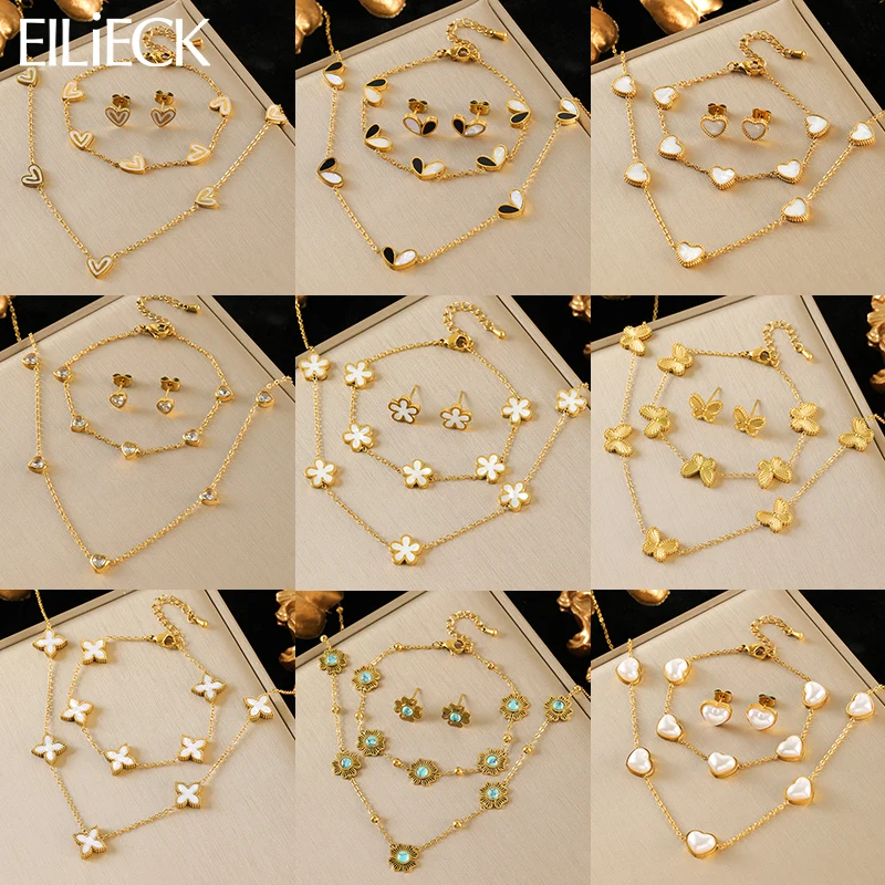 

EILIECK 316L Stainless Steel Flower Heart Butterfly Necklace Bracelet Earrings Set For Women Fashion Waterproof Jewelry Gift New
