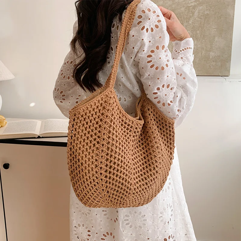 Woven Tote Bag Breathable Beach Shoulder Bag Travel Beach Tote Casual Hollow Out Bag For Day Trips Swimming Pool Beach
