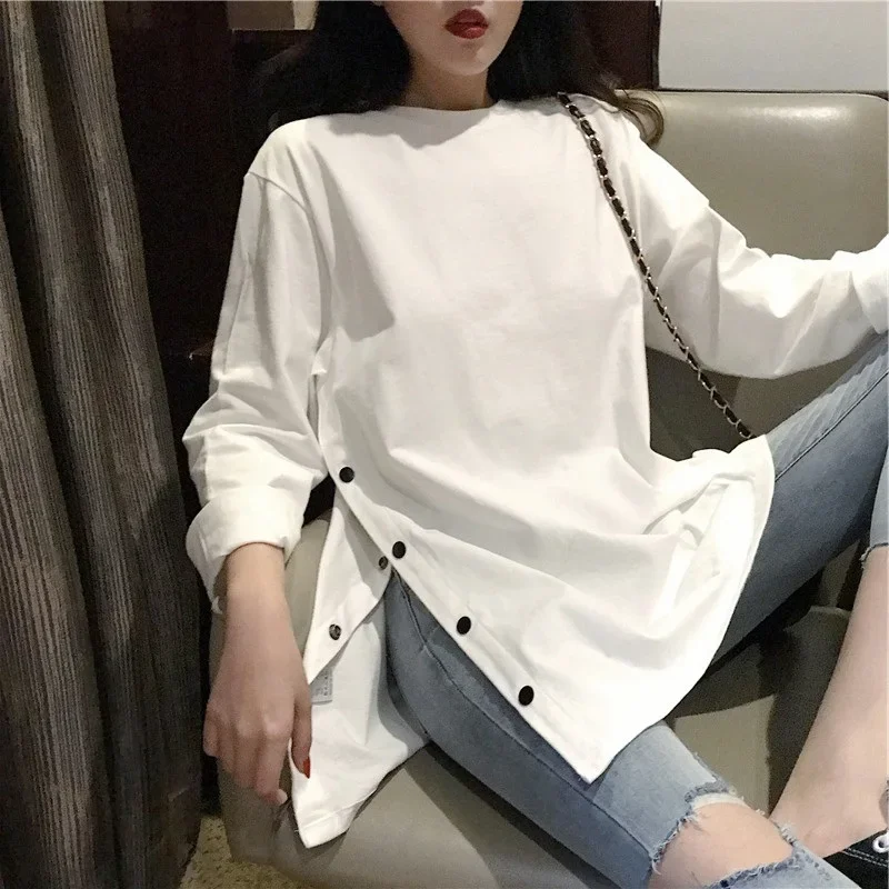 2024 spring Split Side Button White black Long Tshirt O-Neck Women shirts autumn Arrival Harajuku solid oversized T shirt tops