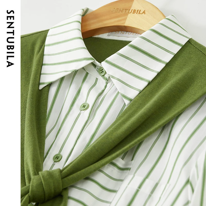 SENTUBILA femmes vert rayé chemises 2025 Patchwork écharpe décontracté jeune à manches longues haut femme automne vêtements 143C57367X