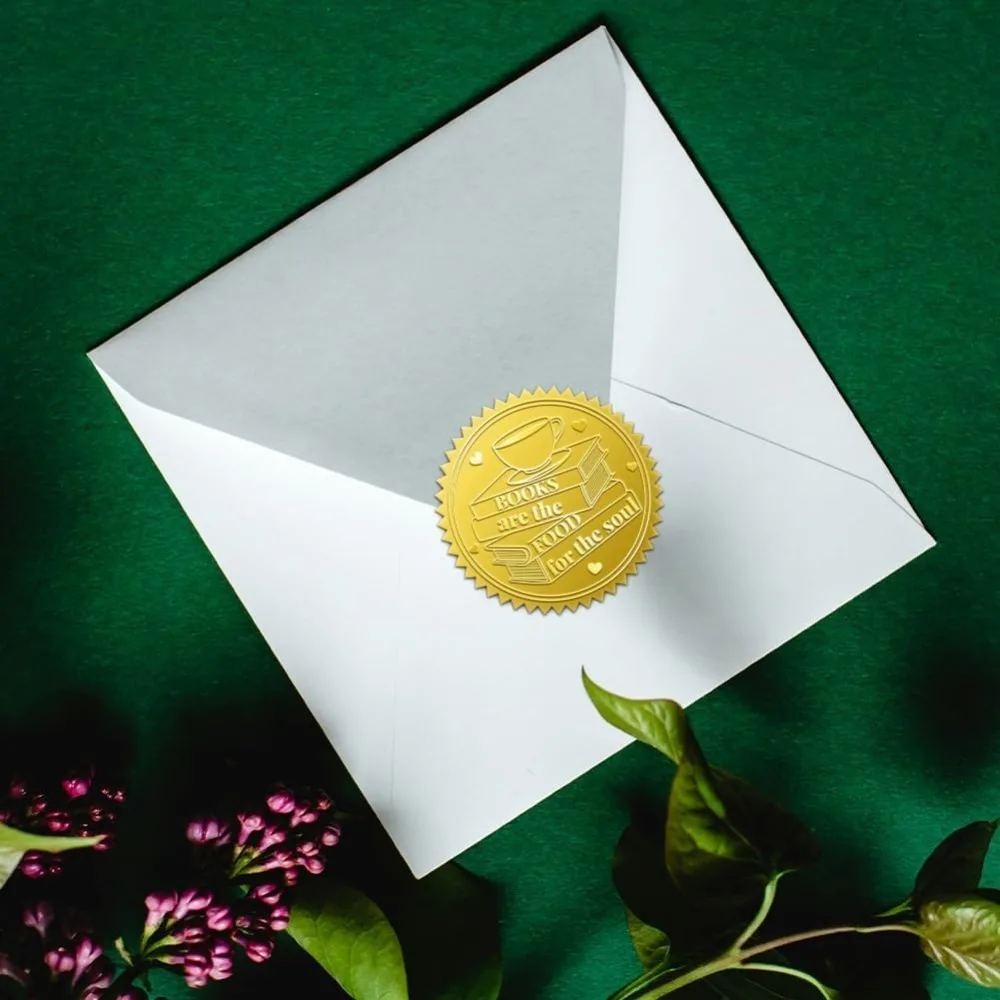 100Pcs Books Coffee Foil Stickers 2 Inch Books Embossed Envelopes Seals Book Knowledge Self Adhesive Embossed Seal Labels