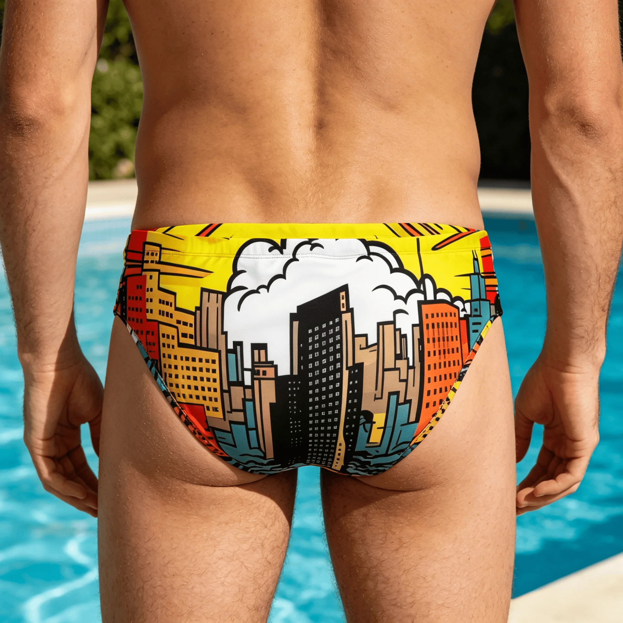Pop Art City Print Swim Trunks Stretchy Soft Skin-friendly Men's Triangle Swim Trunks Beach Carnival Swimming Bathing Swimsuit