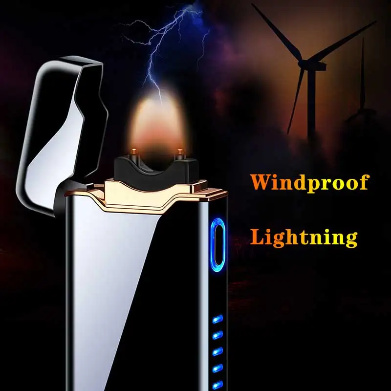 Metal Outdoor Windproof Electric Double Arc USB Lighter Touch Sensing LED Power Display Pulse Big Flame Lighter Men\'s Gift