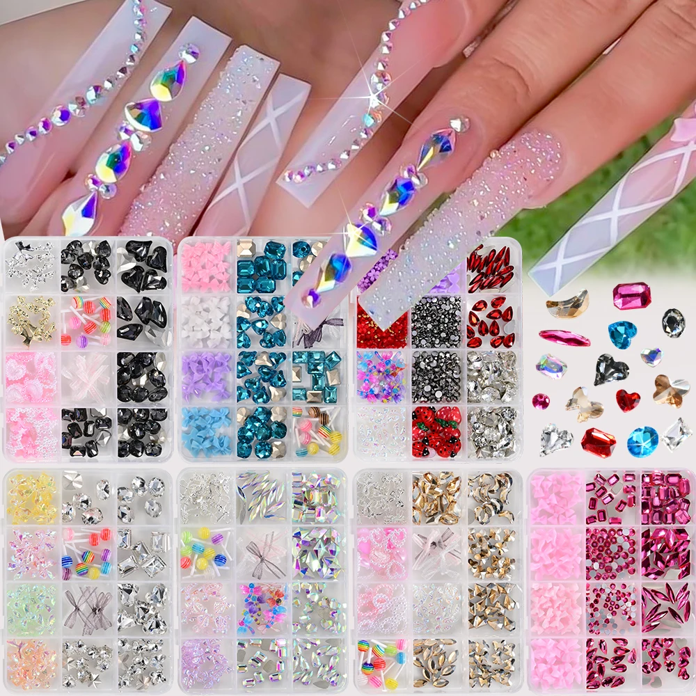 12 Siatek 3D Mieszane AB Diamentowe Fioletowe Aurora Kokardki Ozdoby do Paznokci z Kokardką z Organzy Lizak Cyrkonie do Paznokci DIY Akcesoria do Manicure