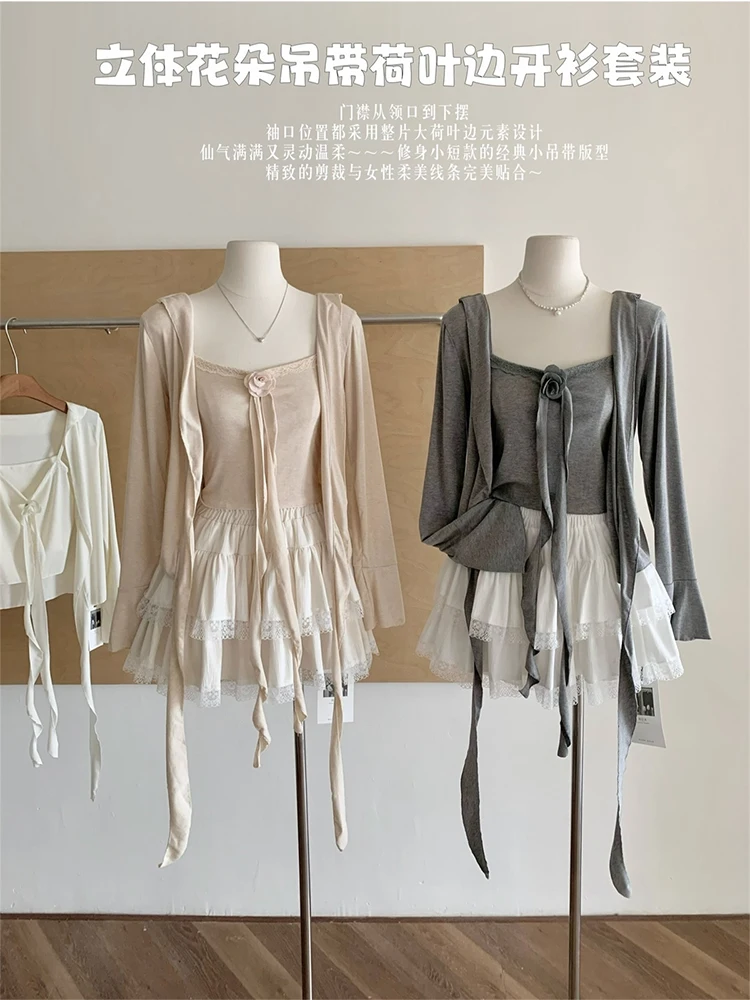 Women Korean Shoujo Long Sleeve Cardigan Tops + Camisole Two Piece Sets Mori Girl Vintage T-Shirts Coquette Tees 2000s Aesthetic