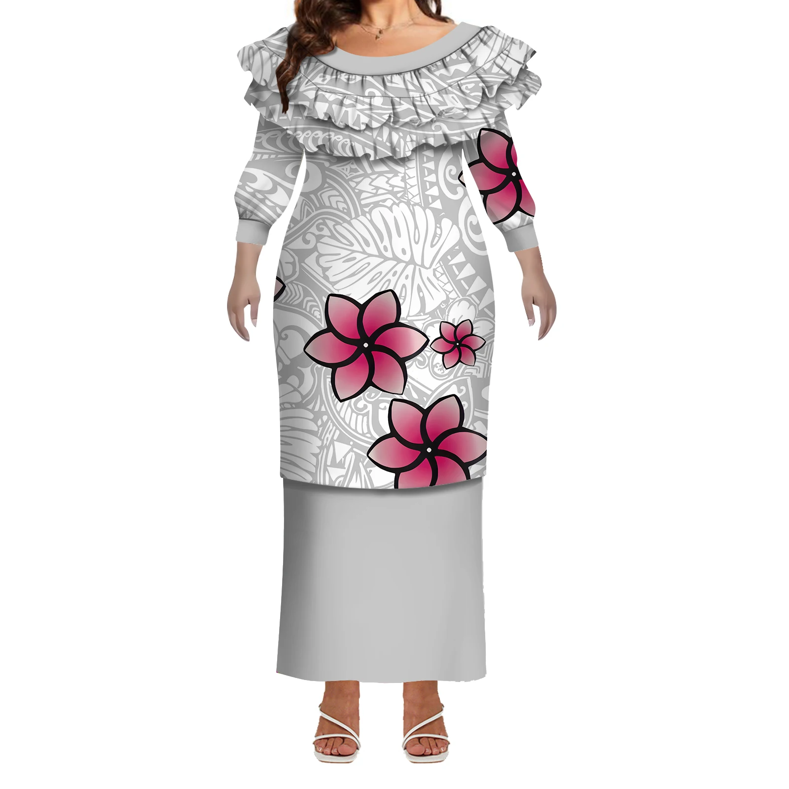 Puletasi vestido de verão de manga média com babados de camada dupla e justo, vestido feito sob medida para mulheres polinesias