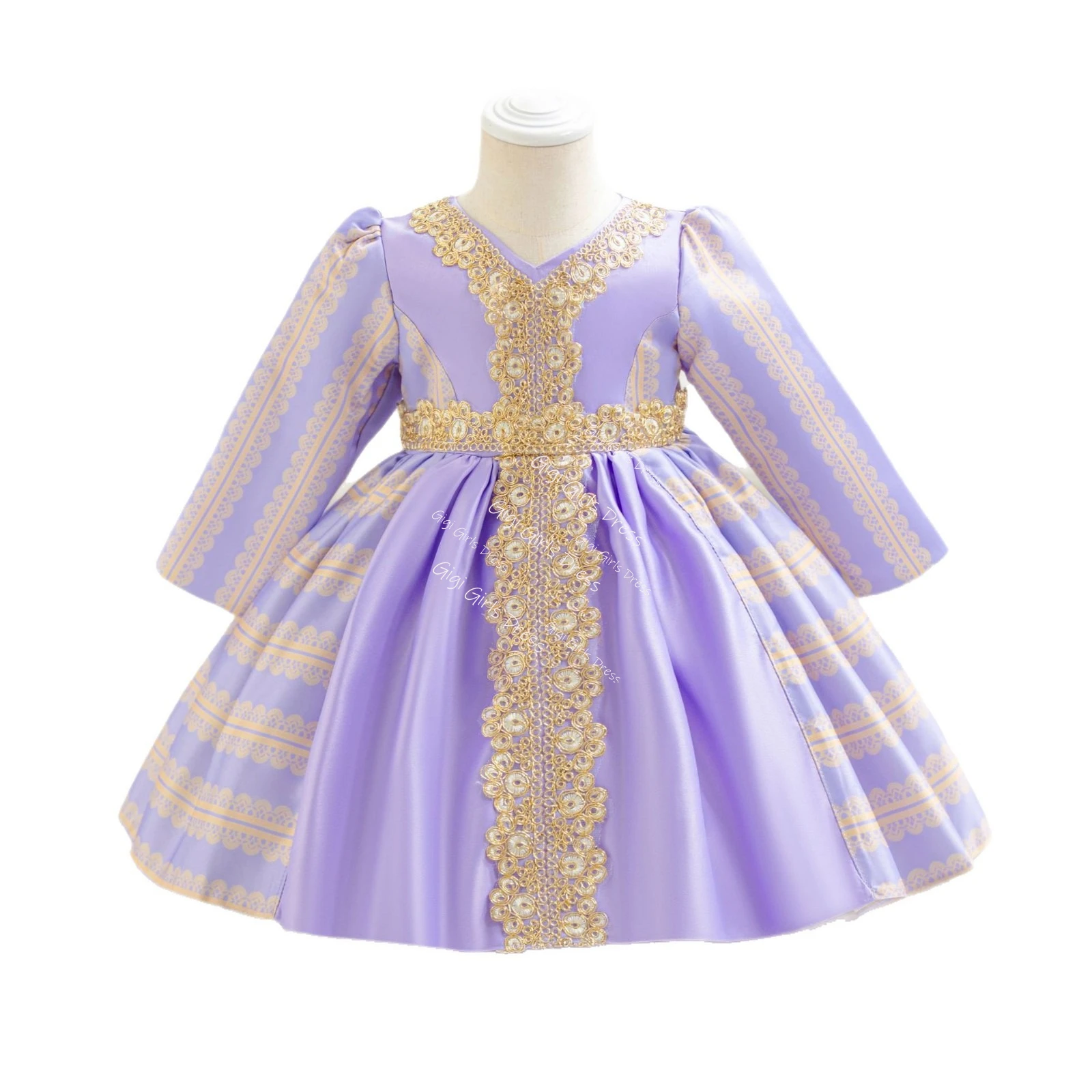 Платье принцессы для маленьких девочек с цветочным принтом и длинными рукавами, арабские халаты для малышей, золотое кружевное платье с поясом на день рождения, платье с цветочным узором для девочек