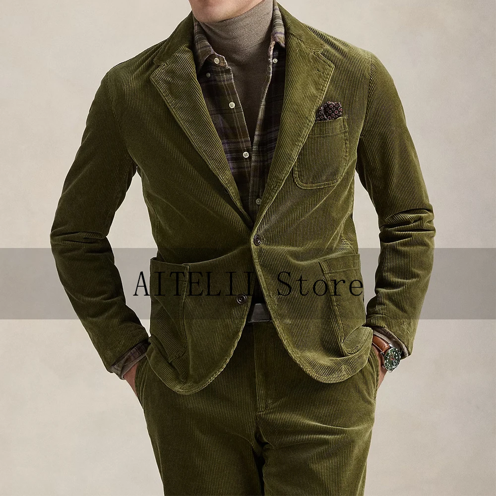 Elegant Mens Suit for Men Luxury Men's Corduroy Two-piece Suit Social Men's Suits Complete Suits Man Suite Costumes Ternos ، Set