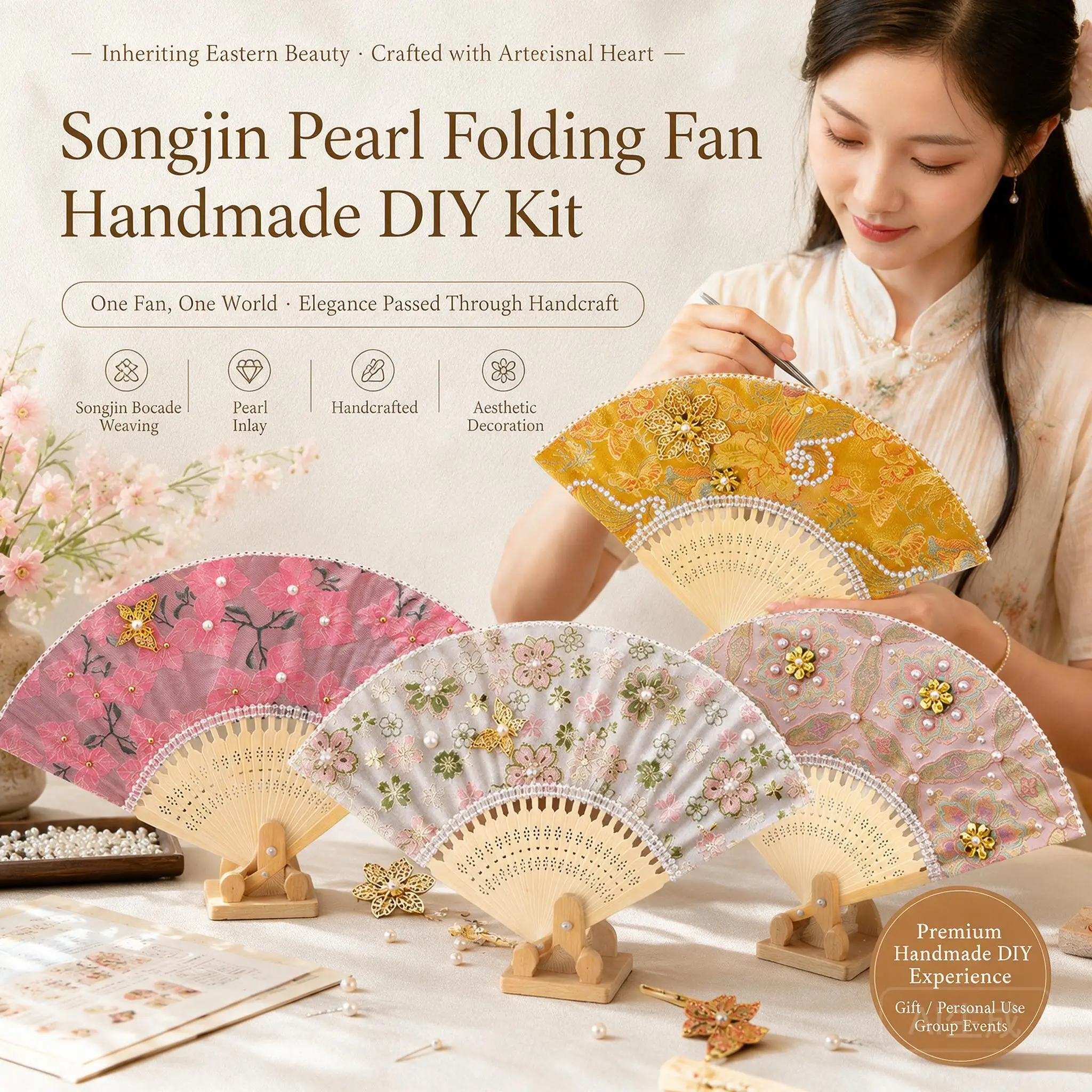 Diy Handmade Song Brocade Beaded Folding Fan Material Kit Chinese Style Craft Supply For Team Building Events Home Decor Gift