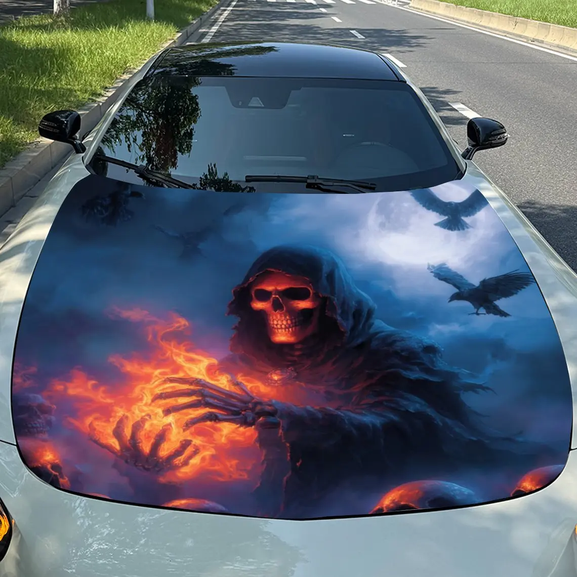[Durable Construction] Flame Black Cloak Skeleton Car Hood Stickers-Scratch Resistant, Weather Resistant PVC Material, Easy To S